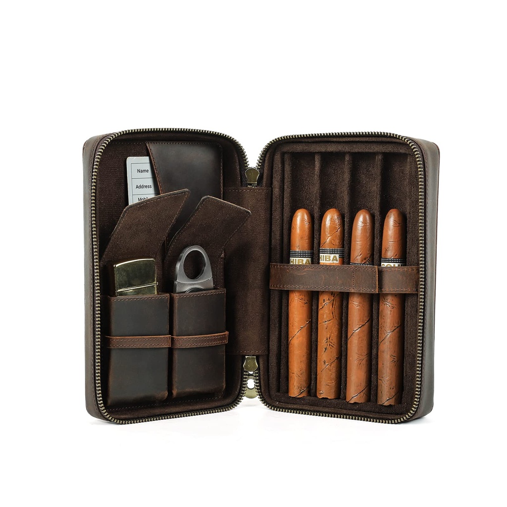 Hiram Cigar Travel Box, Leather Cigar Case for 4 Cigars Portable Cigar Box with Hand Strap,