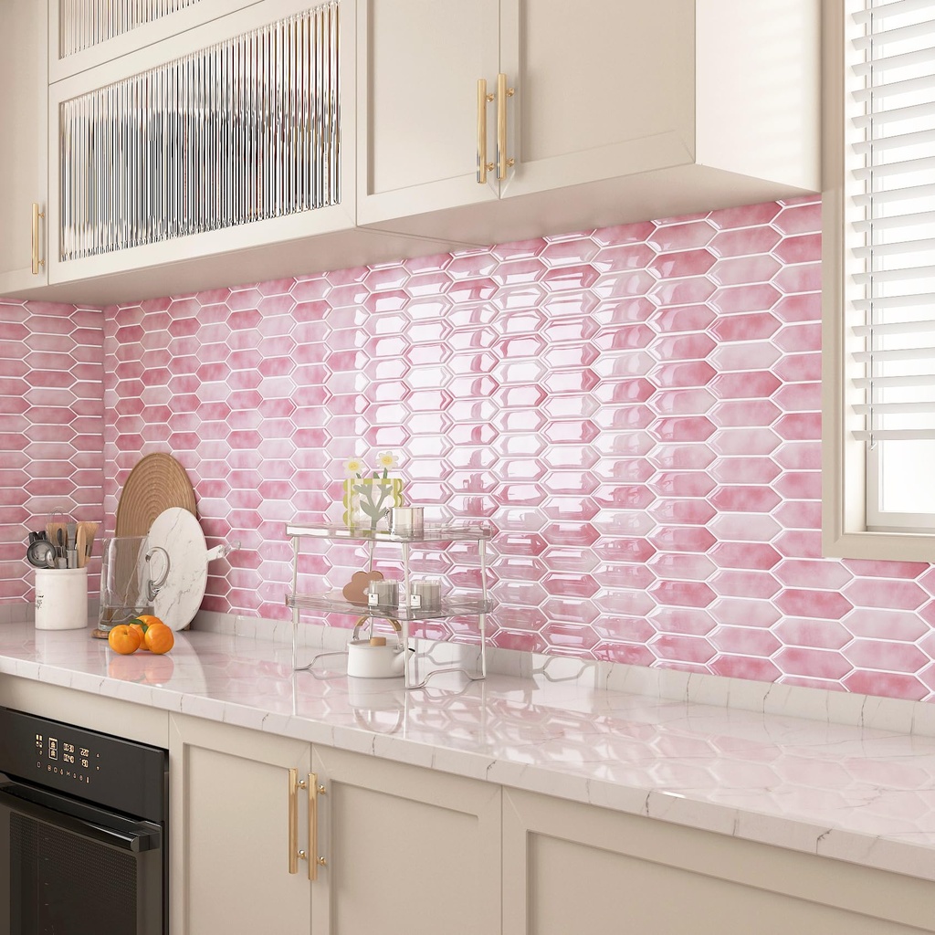 ReWallpaper Pink Stick on Tiles Peel and Stick Wall Tile Bathroom Waterproof Kitchen Tiles