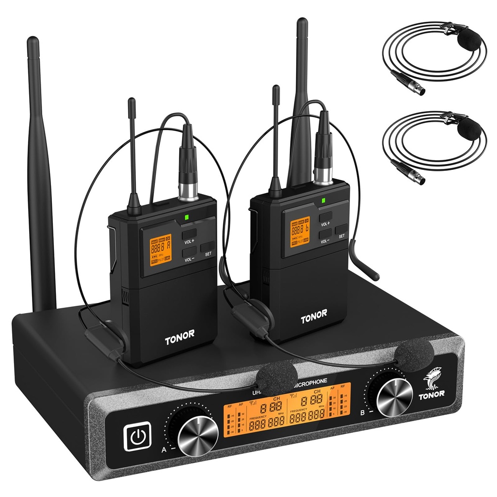 TONOR UHF Wireless Microphones System with Headset/Lavalier Lapel Mics, Bodypack Transmitter