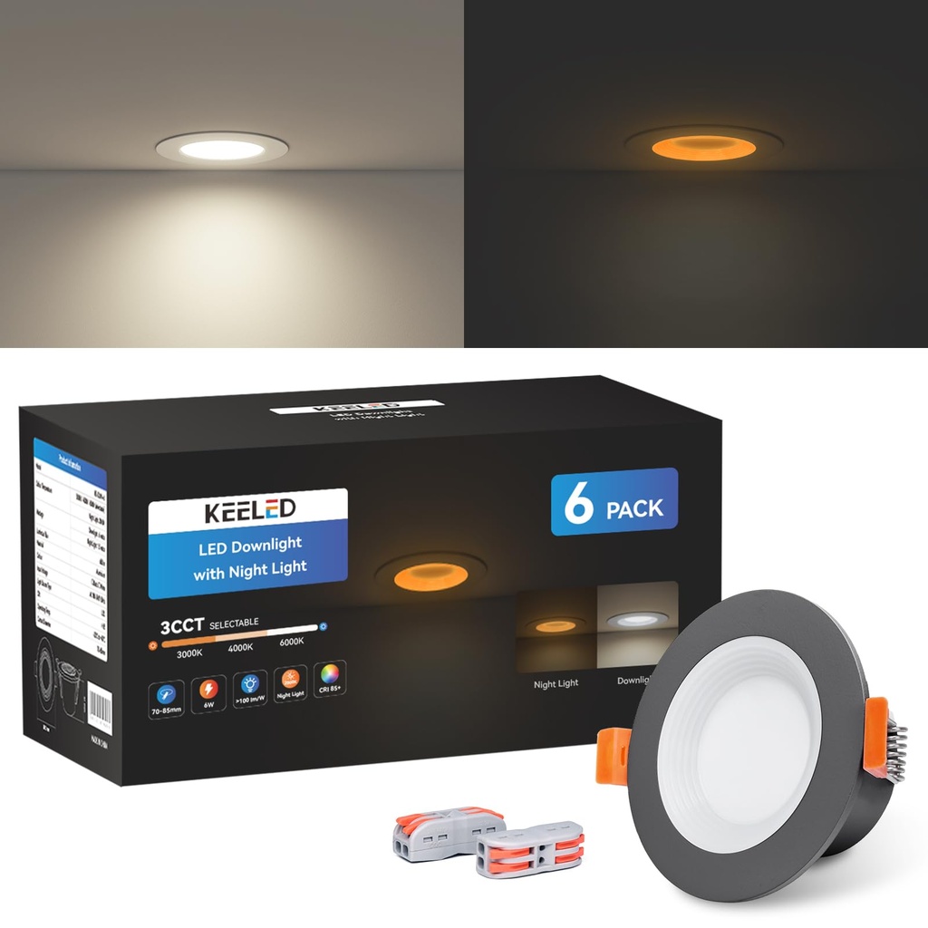 KEELED Black Downlight for Ceiling, Recessed Lighting with Night Light, 230V, 6W, 3CCT 3000