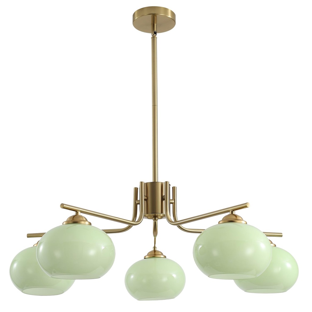 KCO Lighting Green Glass Pendant Light 5 Lights Large Globe Chandelier Brushed Brass 