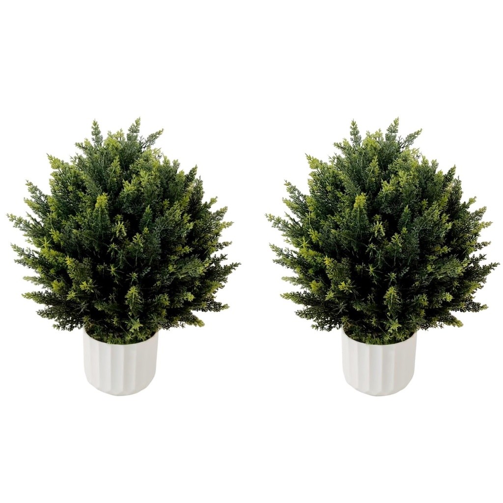 Artificial Cedar Topiary Ball Tree with Potted 19.6", Set of 2 Outdoor Faux Plants UV Resis