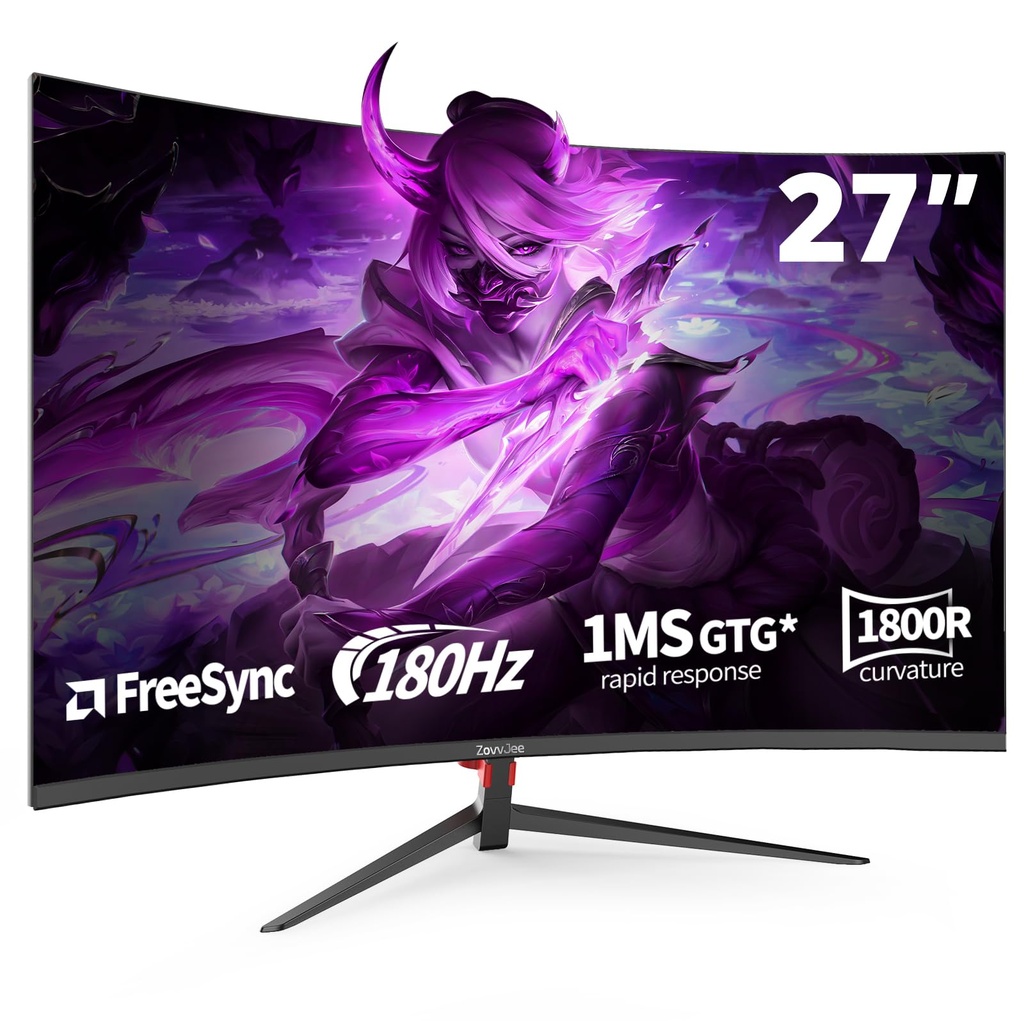 ZovvJee 27 Inch Curved Gaming Monitor180Hz, FHD 1080p 1ms Response, FreeSync, 98% sRGB