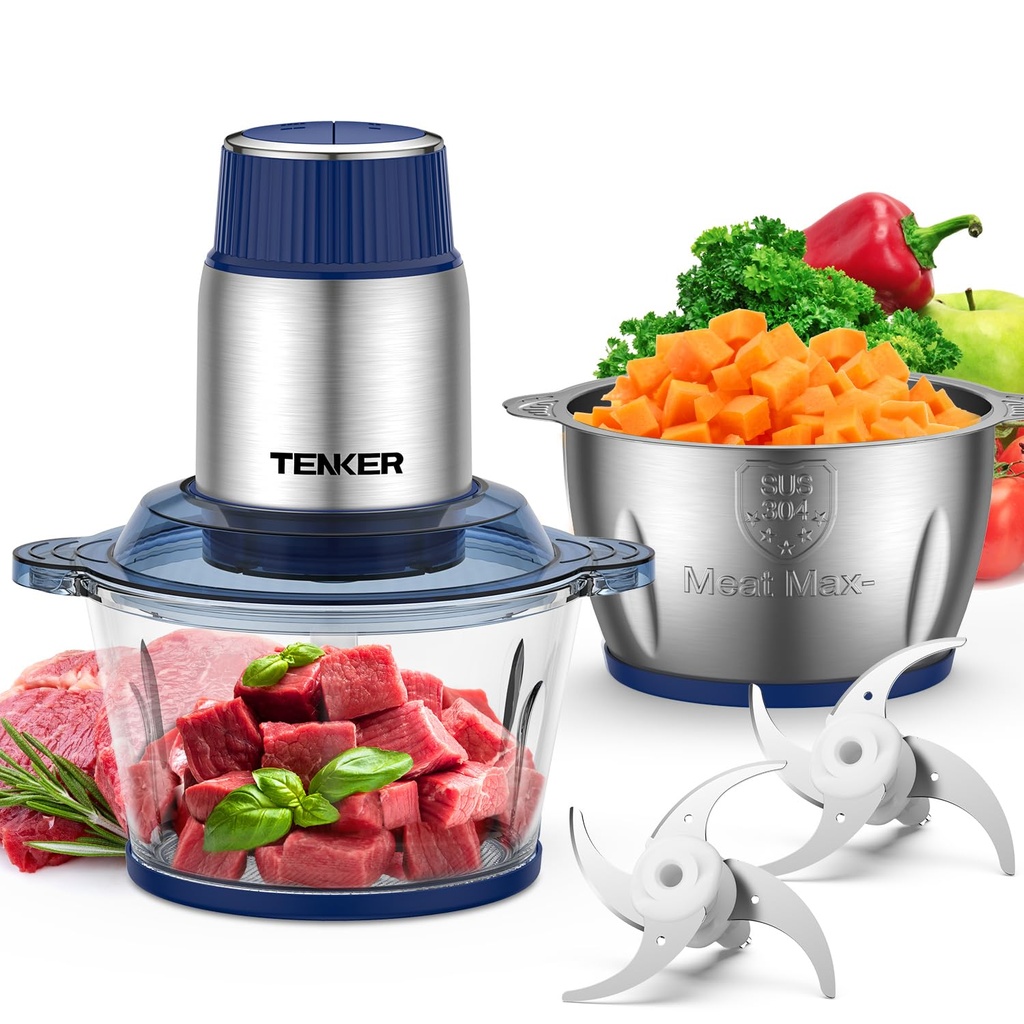 TENKER Food Processor with 2 Bowls (2L+2L), Electric Food Chopper