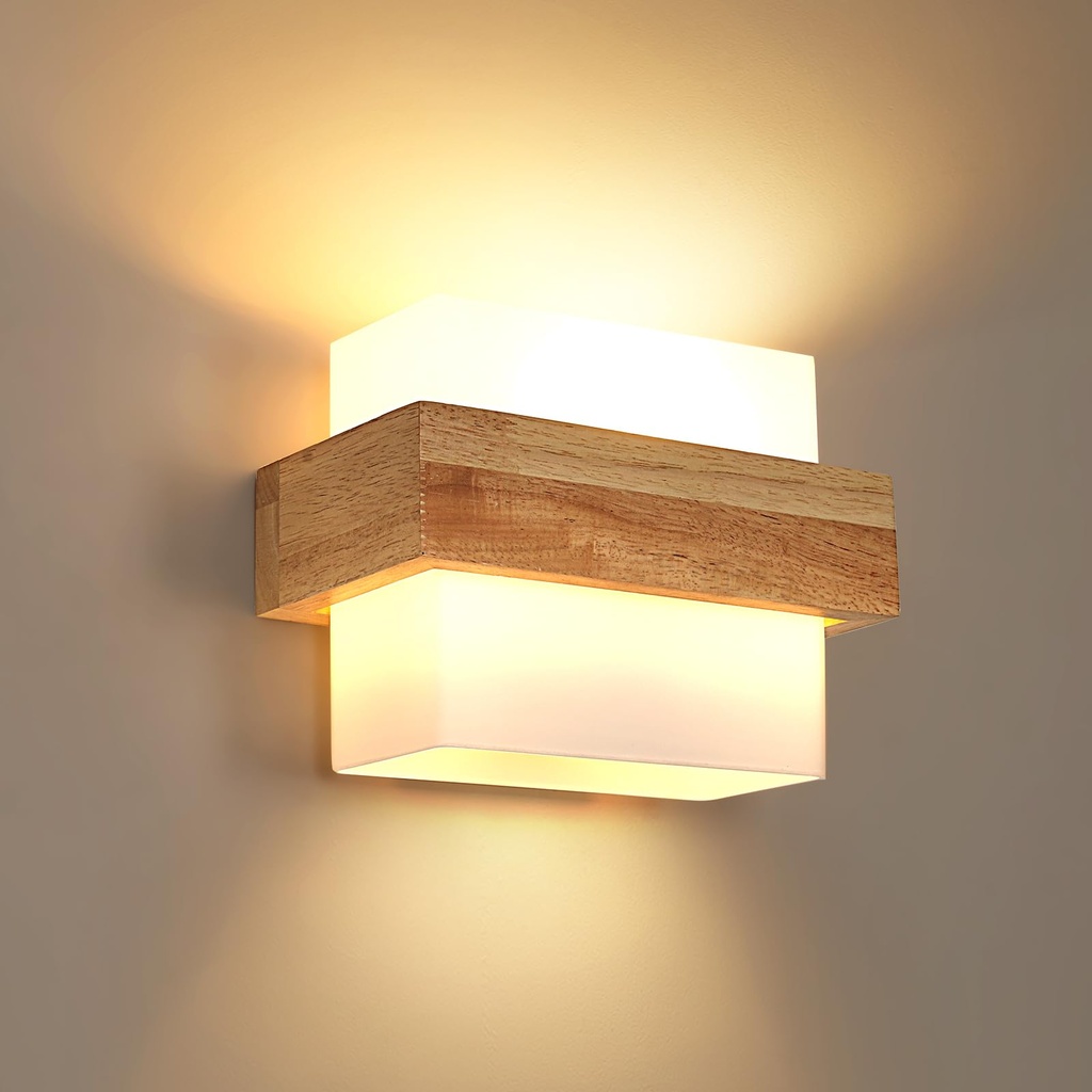 DELIPOP Indoor Wall Lights, Creative Square Wooden Wall Sconce Lights, 3 Lighting Colours