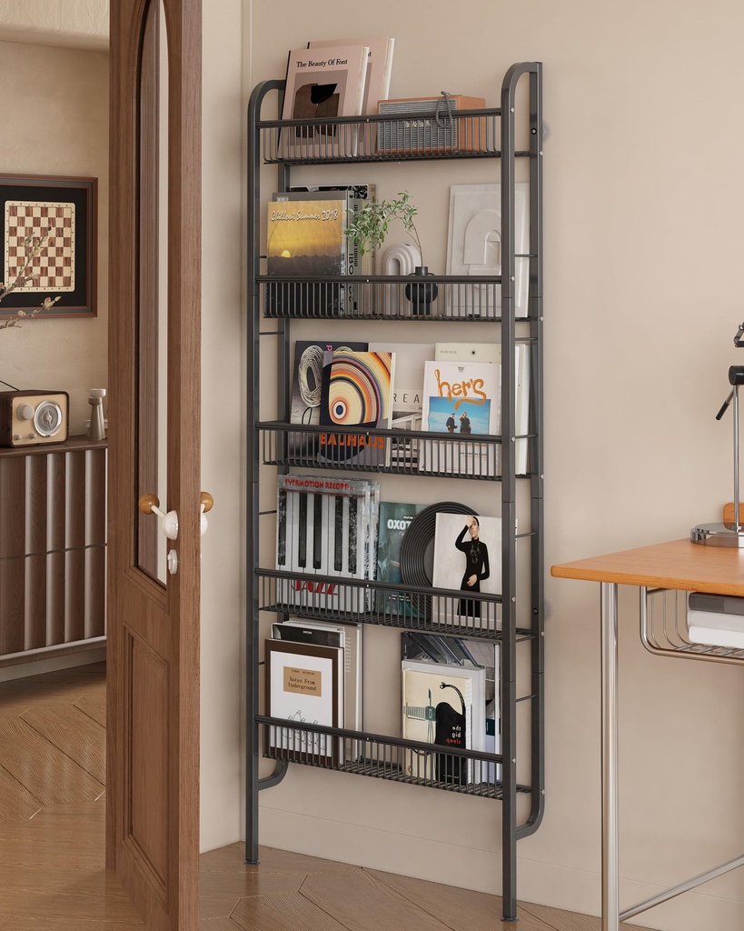 UMDONX Narrow Metal Storage Shelf Behind Door Organiser 5 Tier, Bookshelf Bookcase Book Rack
