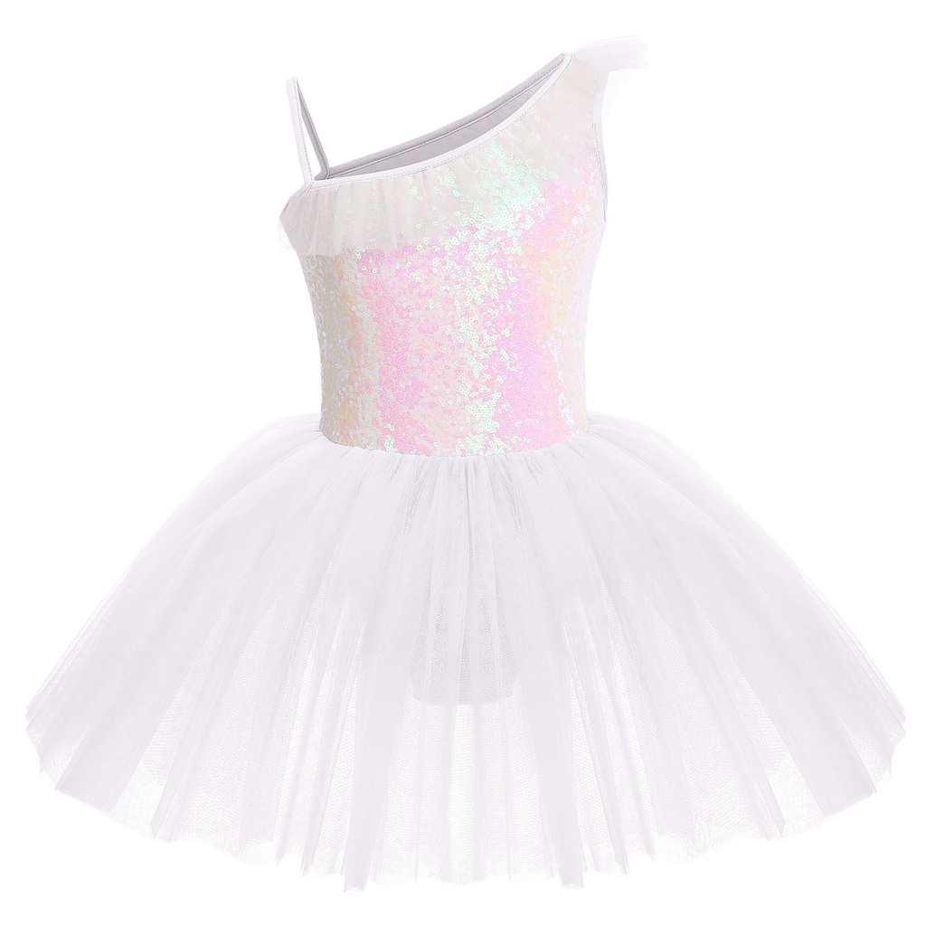 IWEMEK Little Big Girls Sequins Leotard Tutu Ballet Dress Sleeveless Ruffled One Shoulder G