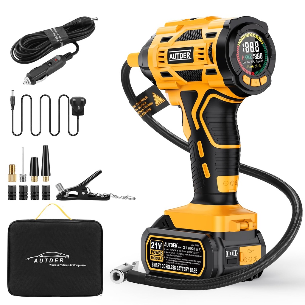 AUTDER Tyre Inflator Cordless Air Compressor, 21V Battery and 12V DC Cable Inflatable 180PS