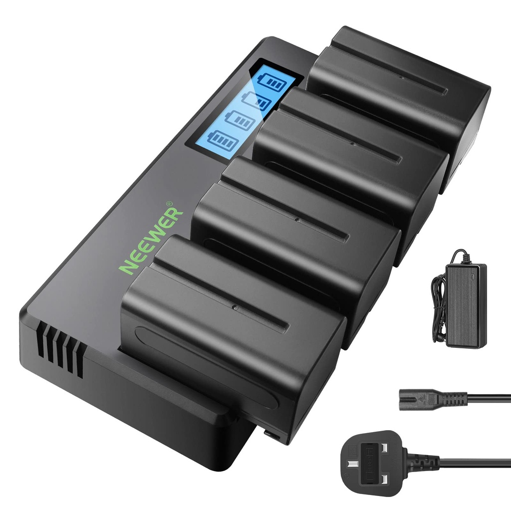 Neewer 4 Packs NP-F750 Replacement Batteries 7.4V 5600mAh with 4 Channel Battery Charger &