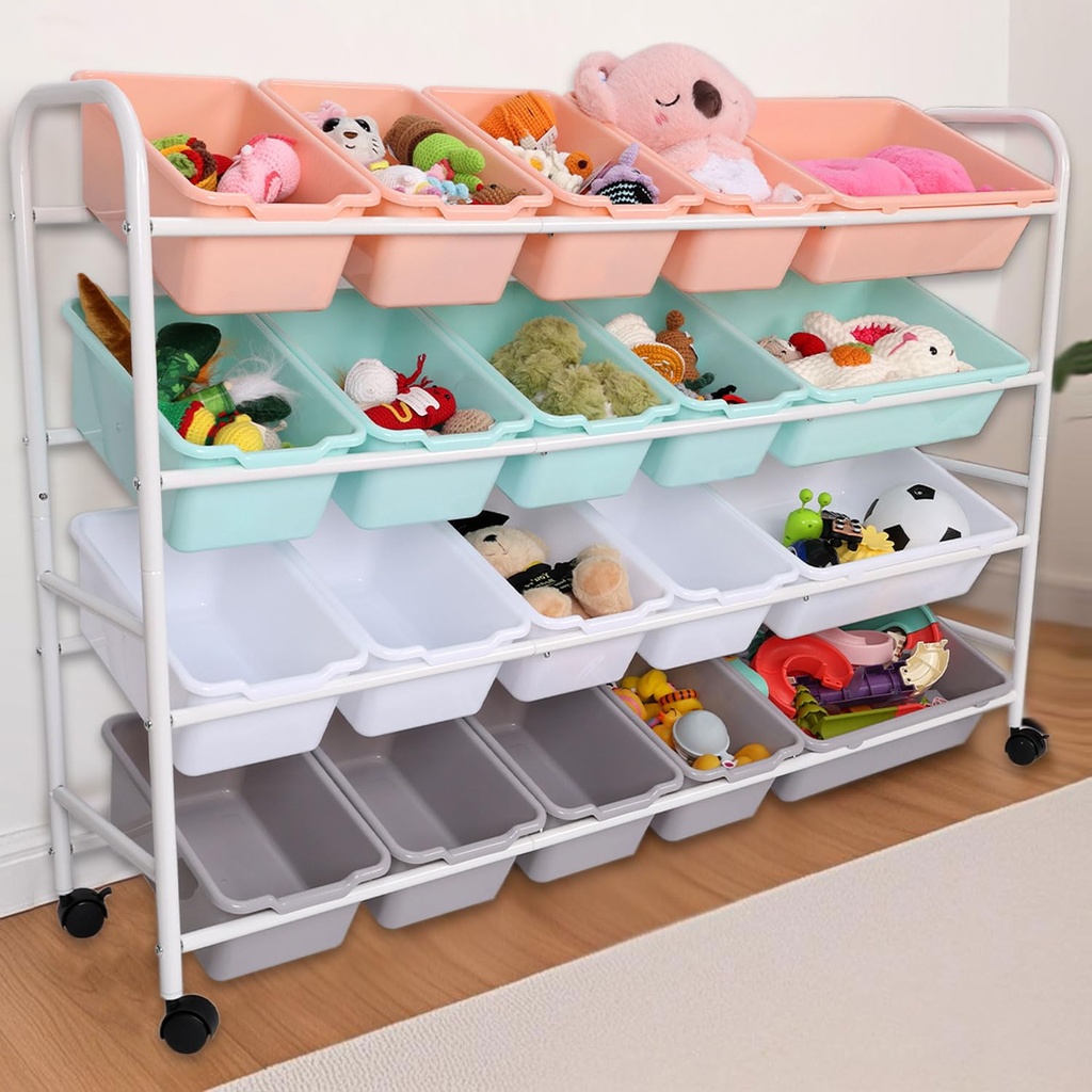 Kids Toy Storage Organizer, 4 Layers Metal Storage Rack with 20 Plastic Bins Multipurpose
