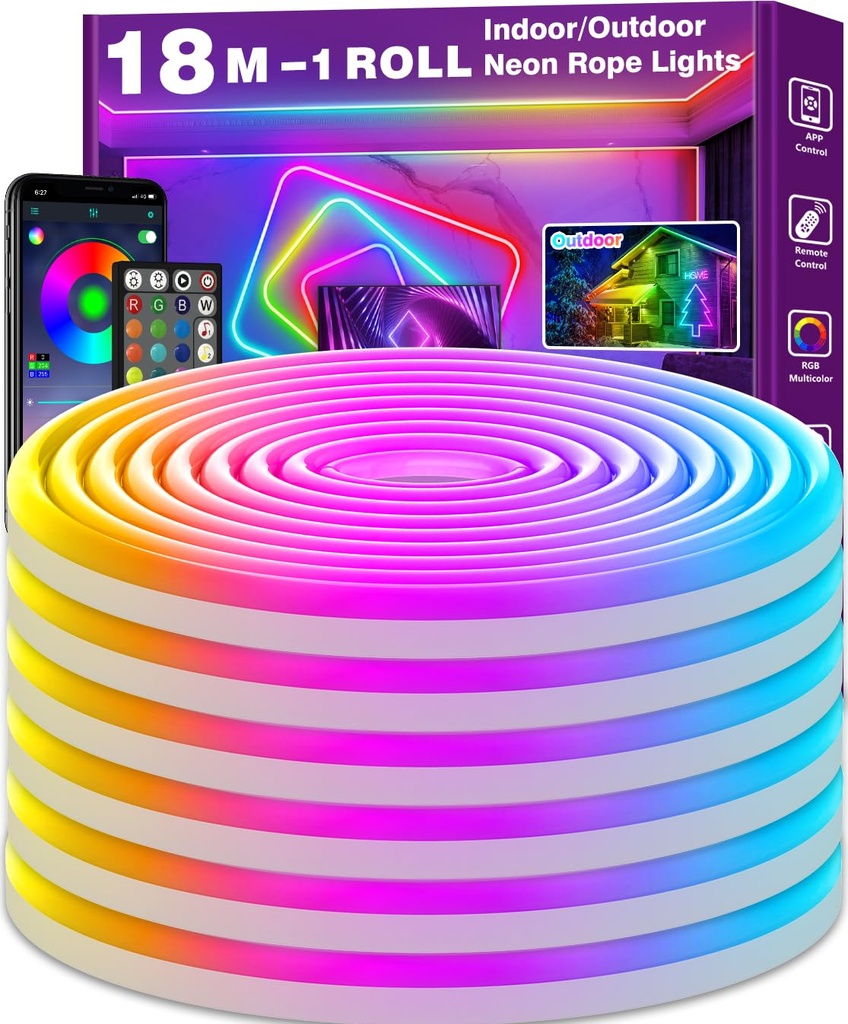 LETIANPAI 18m Neon Rope Lights, Multiple Modes,Flexible LED Cord Lights Controlled with App