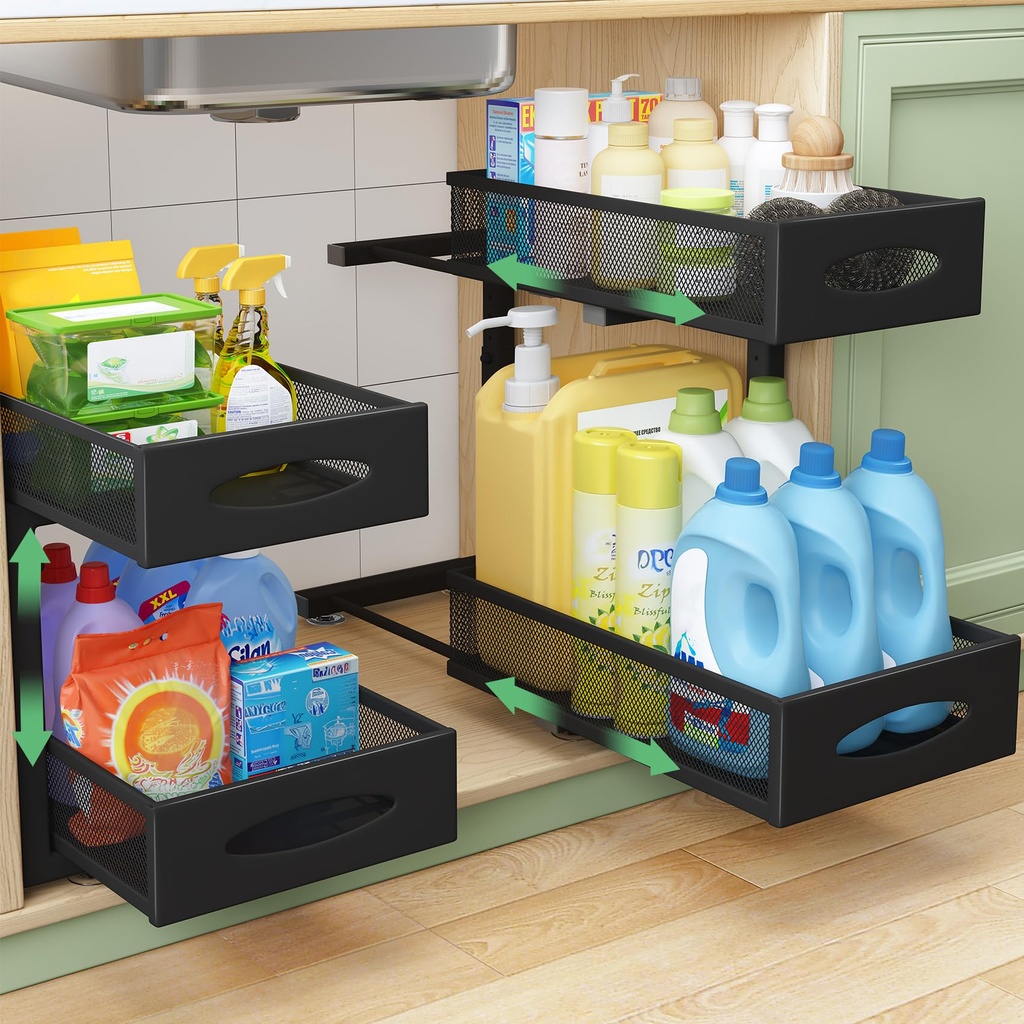 Kitstorack Under Sink Storage and Organization - Height Adjustable Pull Out Drawers