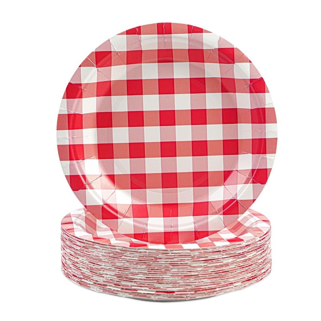 40PCS Red Gingham Paper Plates, 9Inch Checked Dinner Plates Striped Disposable Decorative D