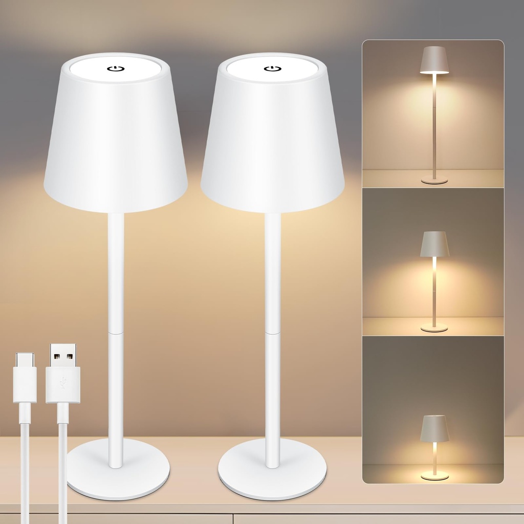 VARICART Metal Cordless Table Lamp 2 Pack, 5000mAh Rechargeable Bedside Lamp, 3 Colour Dimm