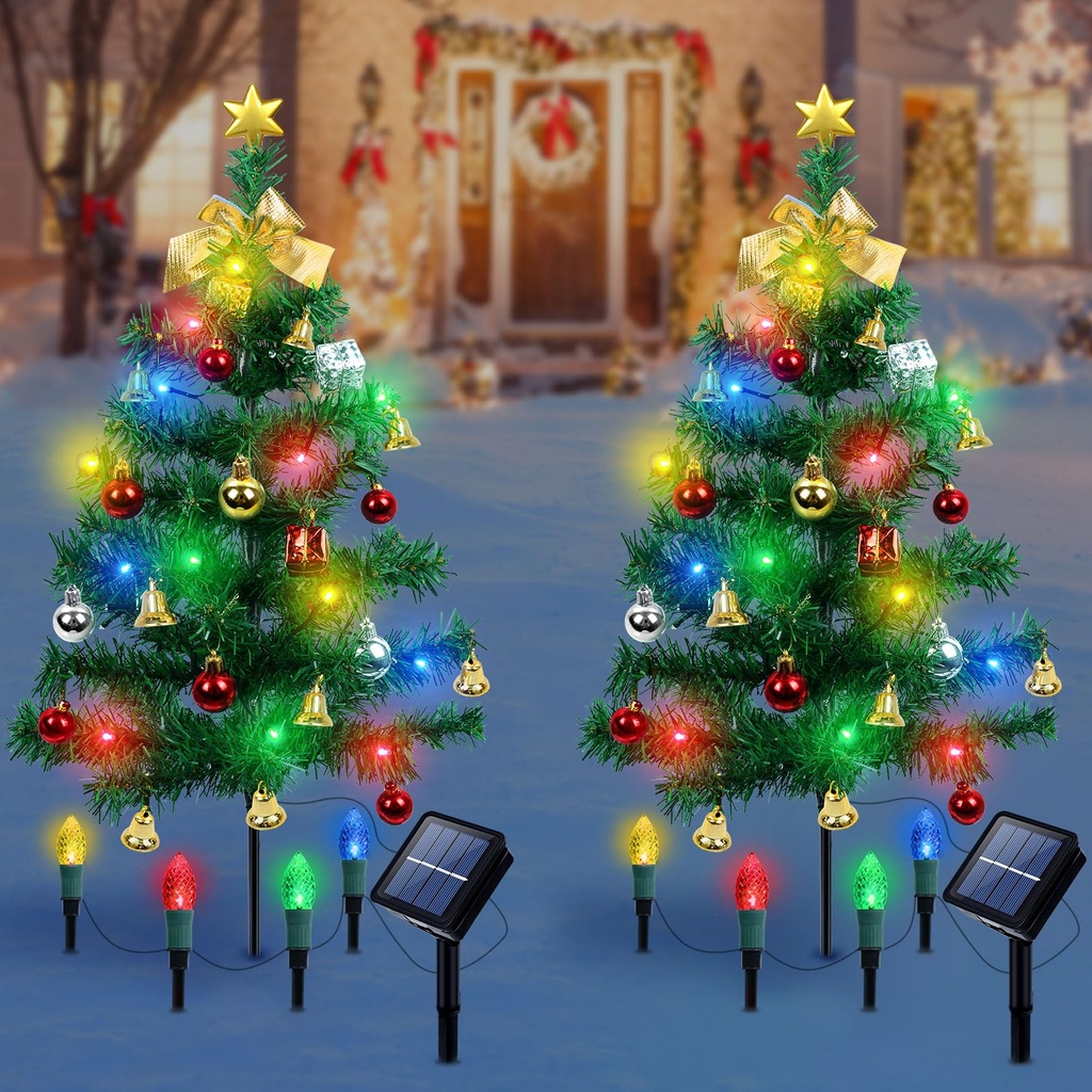 Qoosea Solar Christmas Tree Garden Lights, 2 Pack Solar Tree Lights with LED Strawberry Lig