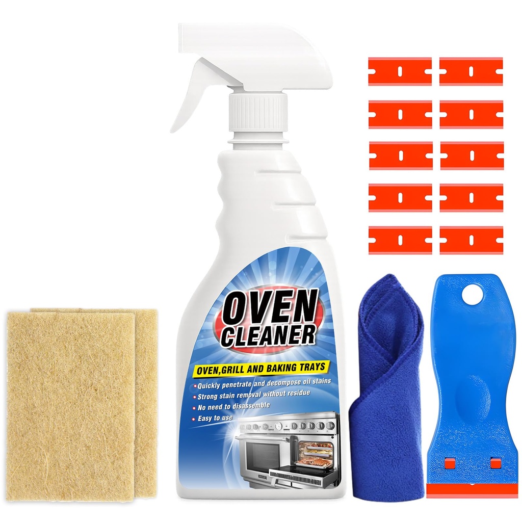 Oven Cleaning Kit, 500ml Kitchen Cleaner Spray with Non-Scratch Scraper, Sisal Cleaning Clo