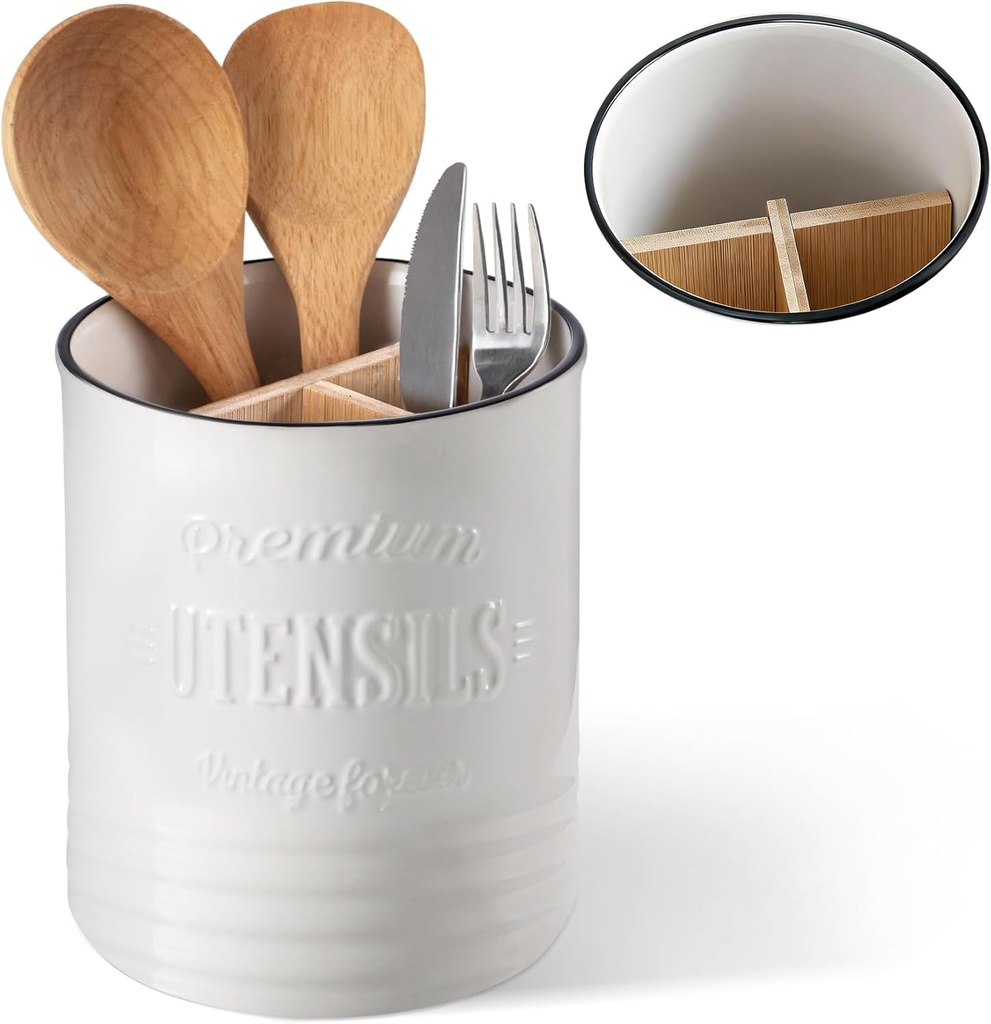 DOWAN Kitchen Utensil Holder, Beige Ceramic with Removable Divider, Perfect for Cooking Spo