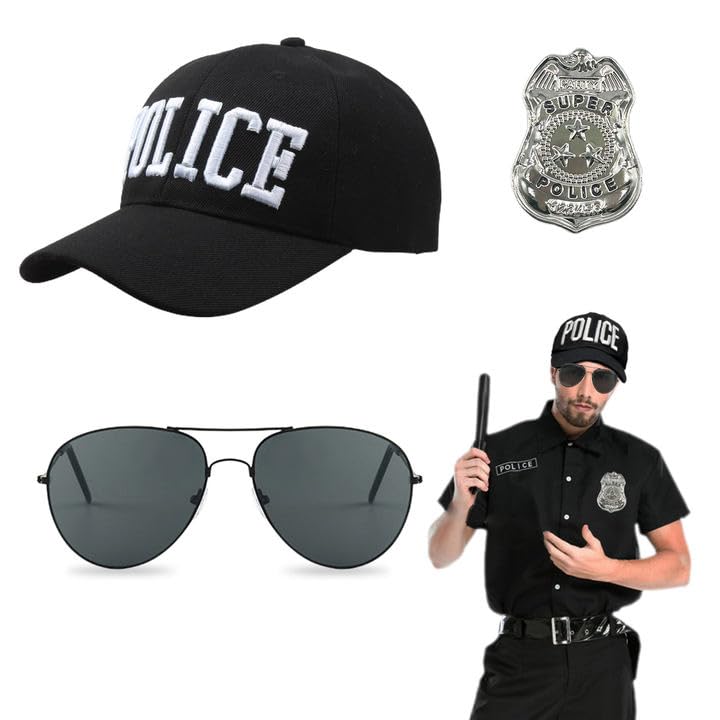 EUPSIIU 3 Pieces Police Costume Adult Kids Police Baseball Hat Sunglasses Cuffs Badge Hallo