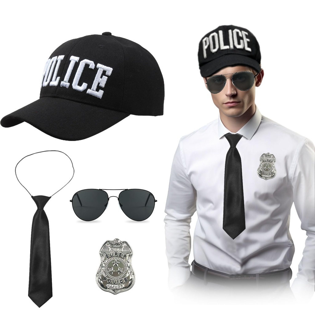 EUPSIIU 4 Pieces Police Costume For Adult, Police Baseball Cap Cuffs Badge Black Tie Sungla