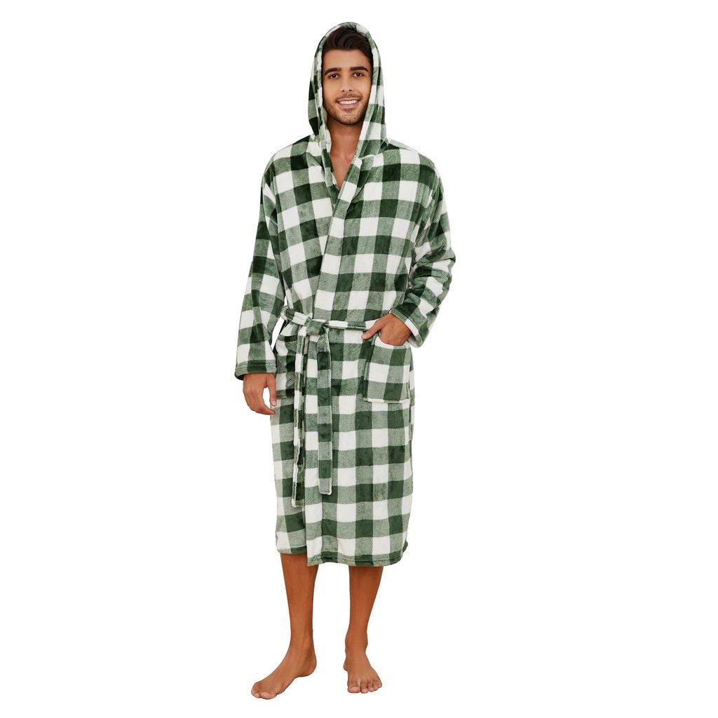 Vulcanodon Mens Robe with Hood, Fleece Bathrobe Plush Robes for MenÂ´?ÃªBuffalo Plaid-Green
