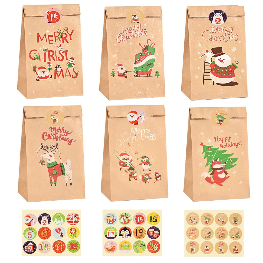 24Pcs Gift Bags Christmas with Stickers, Small Kraft Goody Favour Bag Candy Bag Snack Bag R