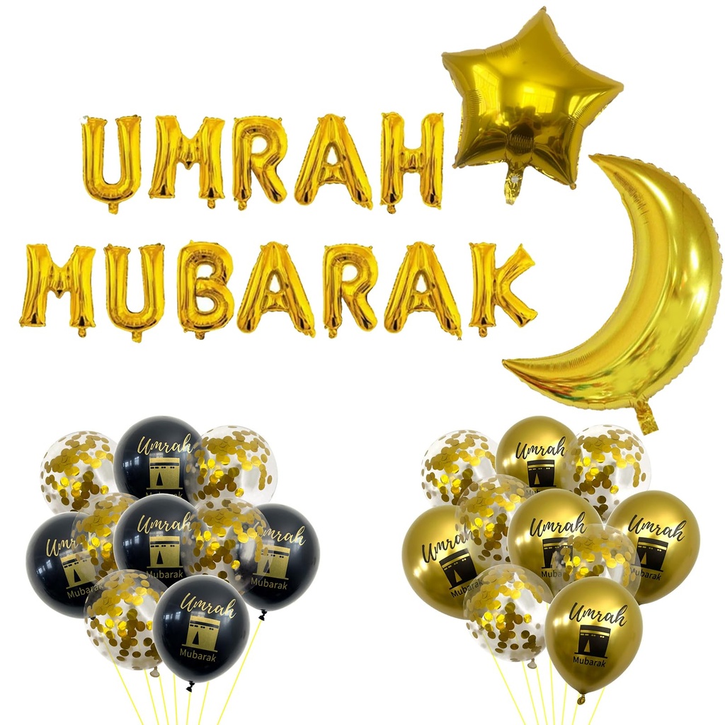 Yxelydriail Umrah Mubarak Party Decoration Banner, 23Pcs Black Gold Ramadan Party Decoratio