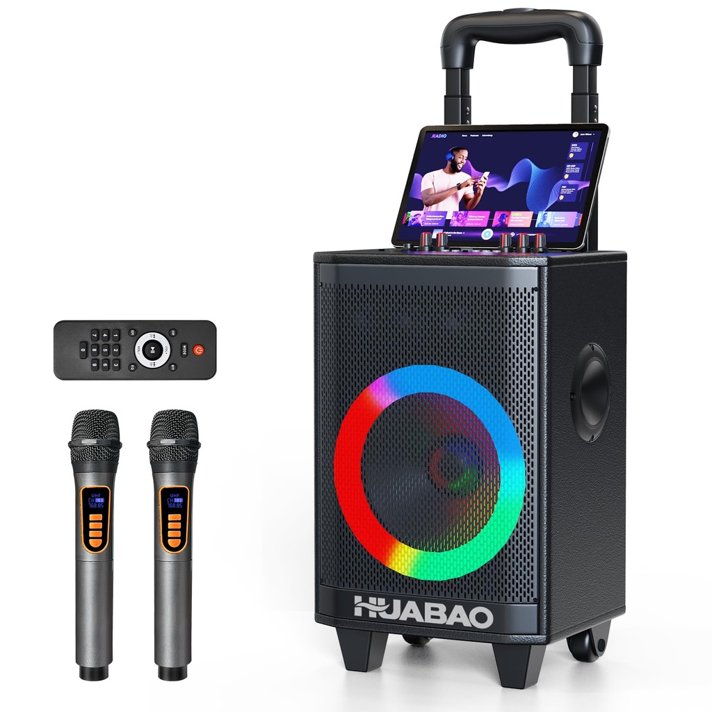 Portable Karaoke Machine with 2 Wireless Microphones, Bluetooth Speaker with Lights and Tro