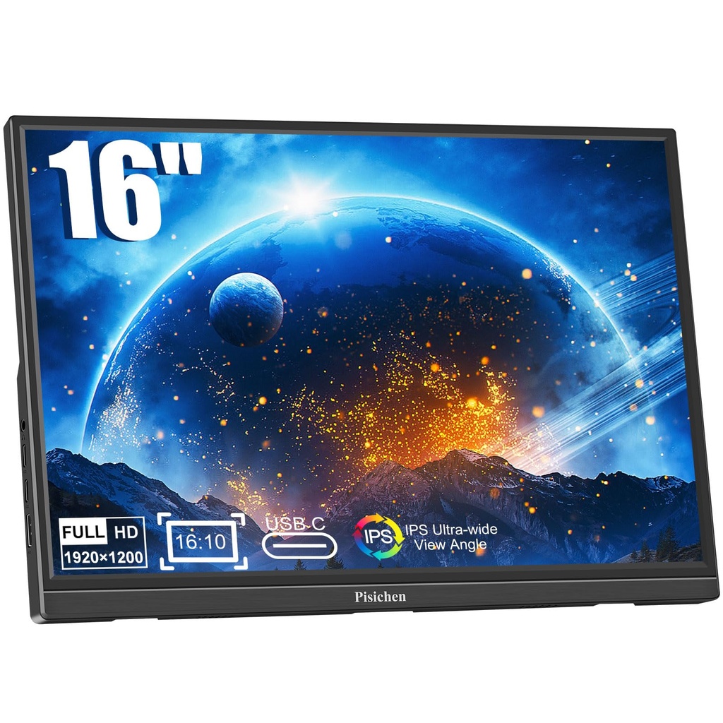 Pisichen Portable Monitor 16 Inch FHD 1920X1200P USB C HDMI Monitor Ultra-Slim IPS Display