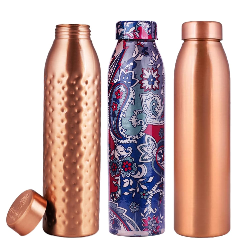 NORMAN JR, Copper Water Bottle 1L - Gift Box of 3, Plain 1, Hammered 1, Printed Blue 1, an