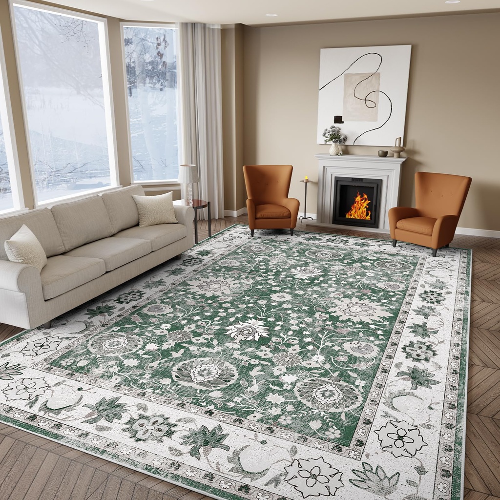 IKALIFE Green Rugs Living Room - 120x170 cm Machine Washable Soft Short Pile Non-Slip Vinta