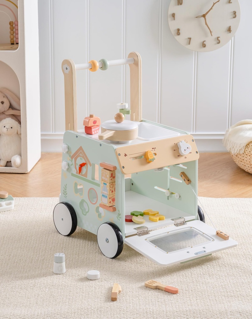 ROBOTIME Wooden Baby Walker Toy with Kitchen Play Set, 2-in-1 Activity Center Cube Walker f