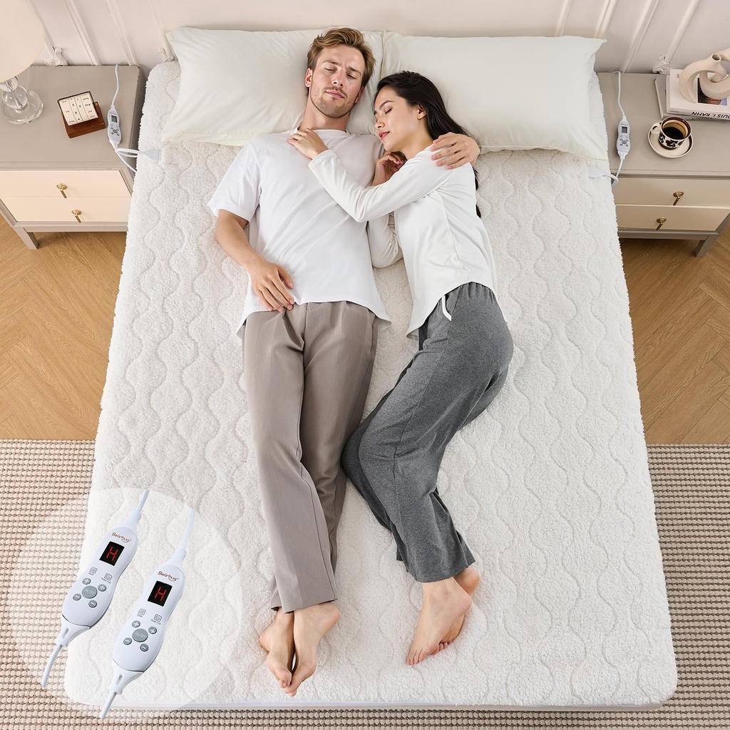 Bearhug Electric Heated Mattress Pad King Size 150 * 200cm Ivory, Soft 200GSM Sherpa, Dual