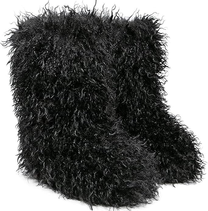 VALPEAKER Women's Furry Faux Fur Boots,Fuzzy Fluffy Winter Warm Snow Boots for Girls,Mid-Calf Flat