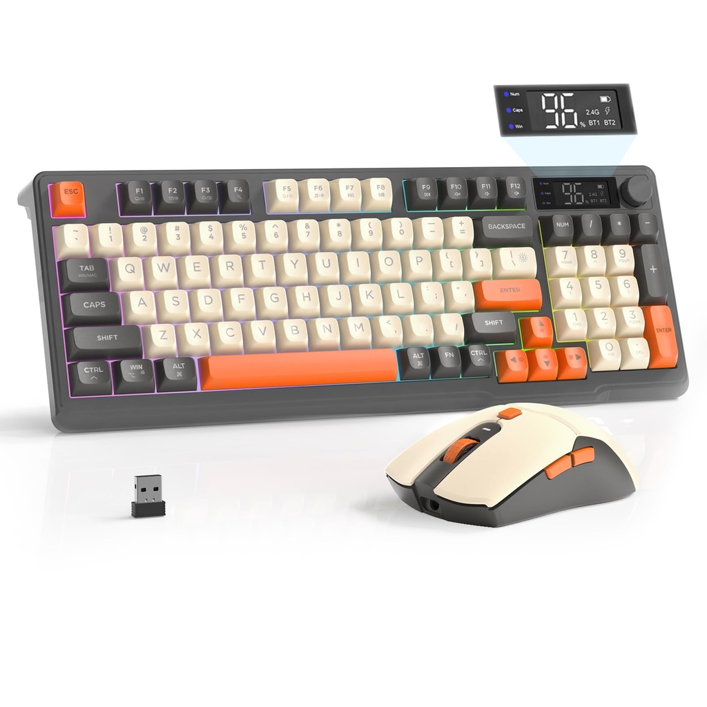 FREEWOLF T96 Wireless Keyboard and Mouse Combo, Bluetooth & 2.4G Modes, PBT Keycaps, Media