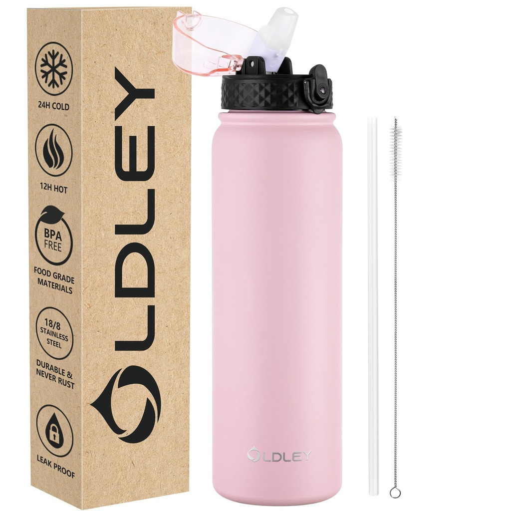 OLDLEY Stainless Steel Water Bottle with Straw 1L Vaccum Insulated Large Drink Flask Metal