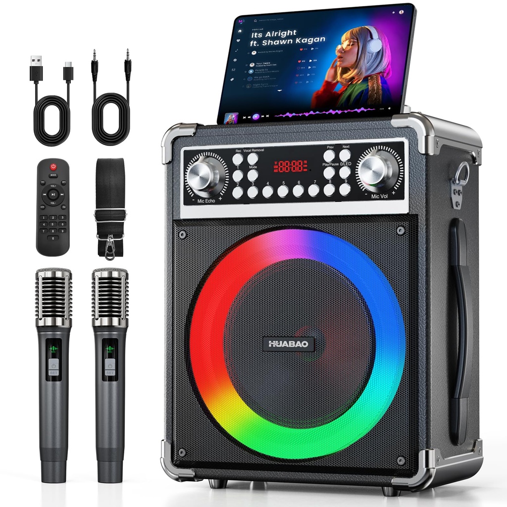 HUABAO Karaoke Machine with 2 Wireless Microphones, Portable Bluetooth Speaker of Adults 