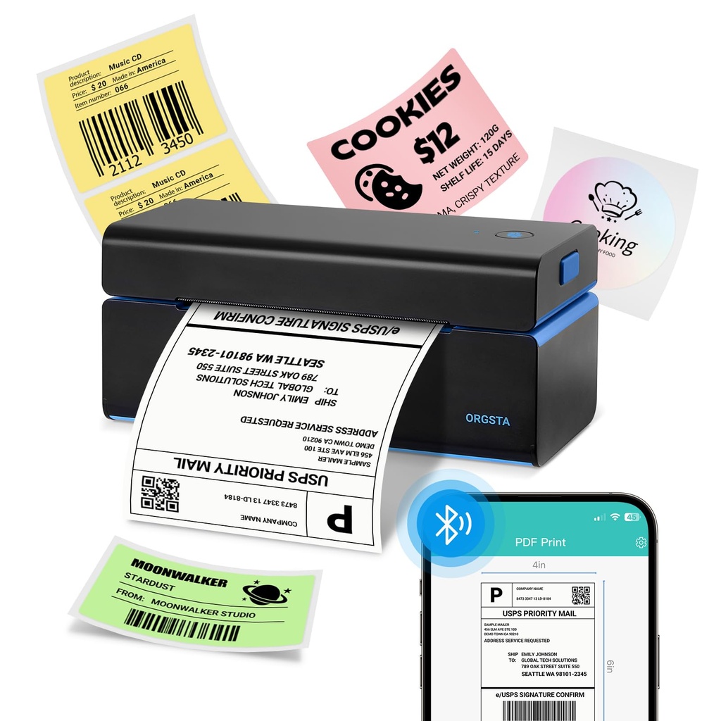 ORGSTA Shipping Thermal Label Printer Machine 4x6 Bluetooth and USB T001 Plus Postage Stick