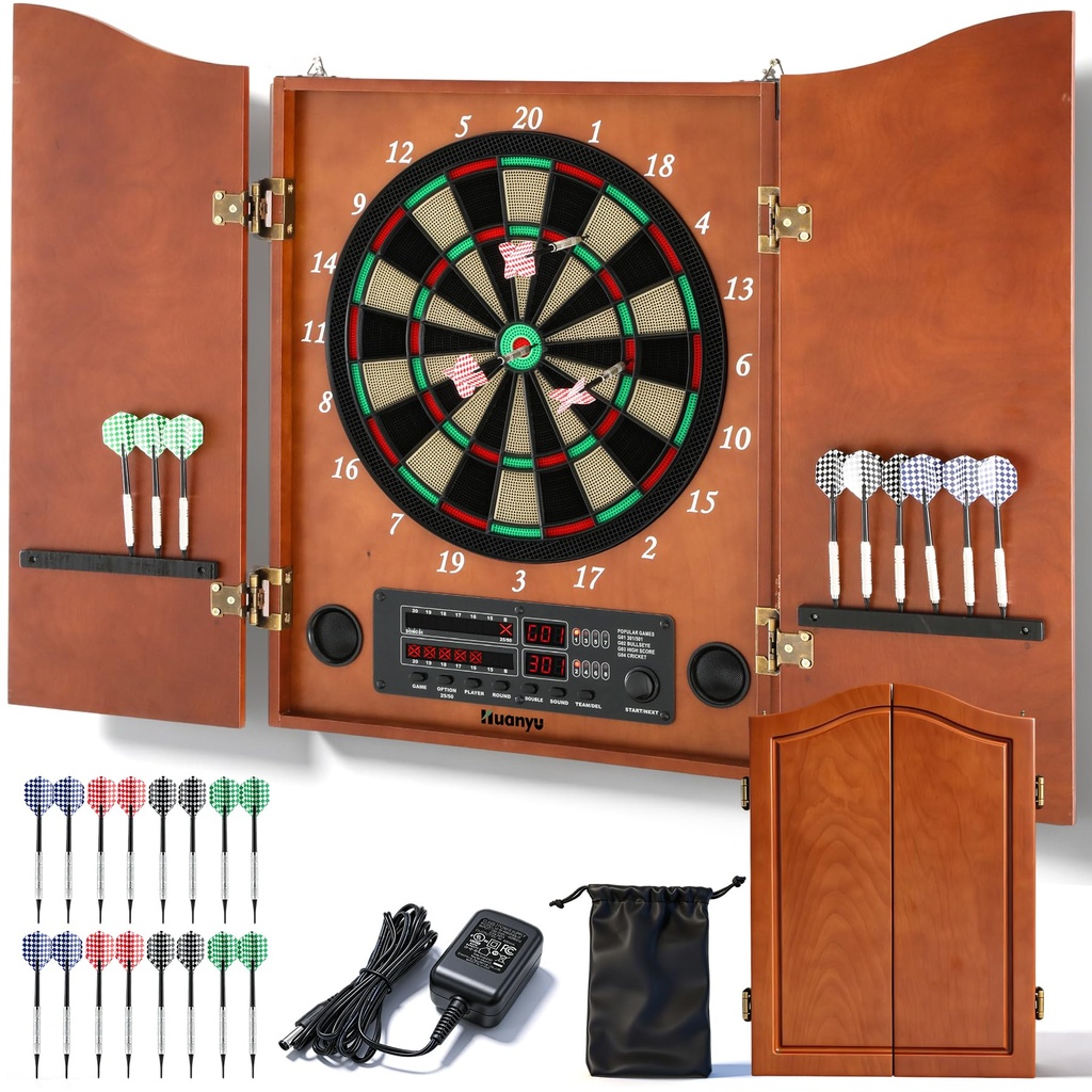 Huanyu Electronic Dart Board LED Dart Board Cabinet Set for Adults with 12 Soft-tip Darts 