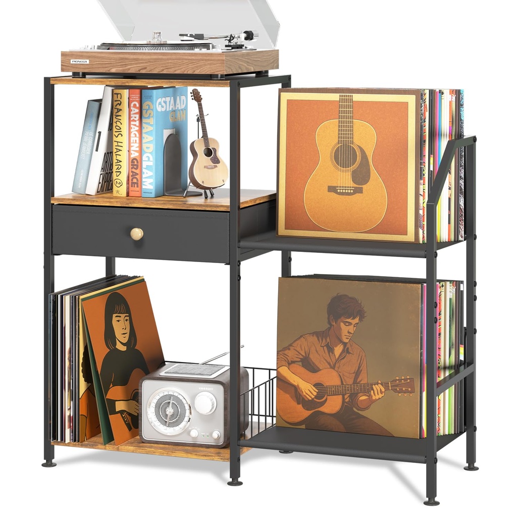 iDavosic.ly Record Player Stand, 3 Tier Vinyl Storage Shelf with Turntable Holder, Side Table