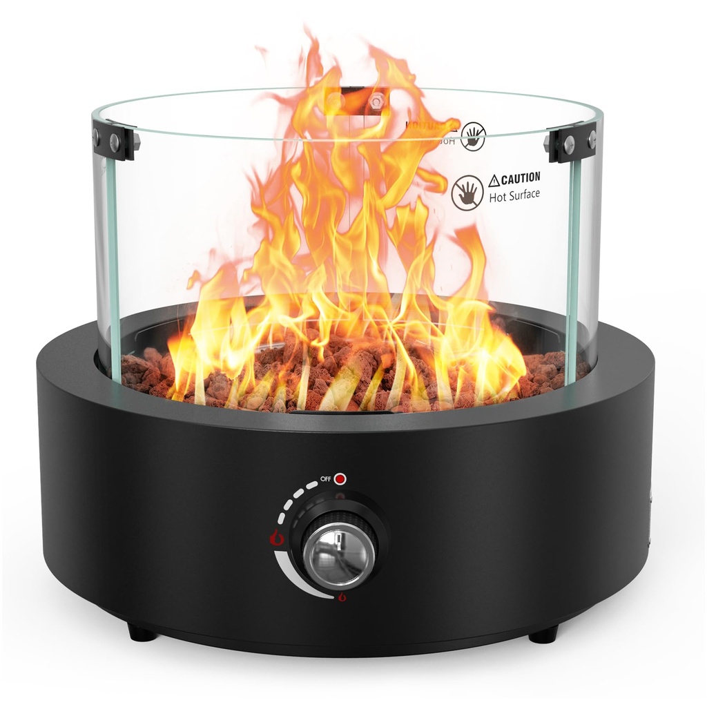 Onlyfire Tabletop Gas Fire Pit, Outdoor Gas Patio Heater with Lava Rocks & Glass Wind Guard