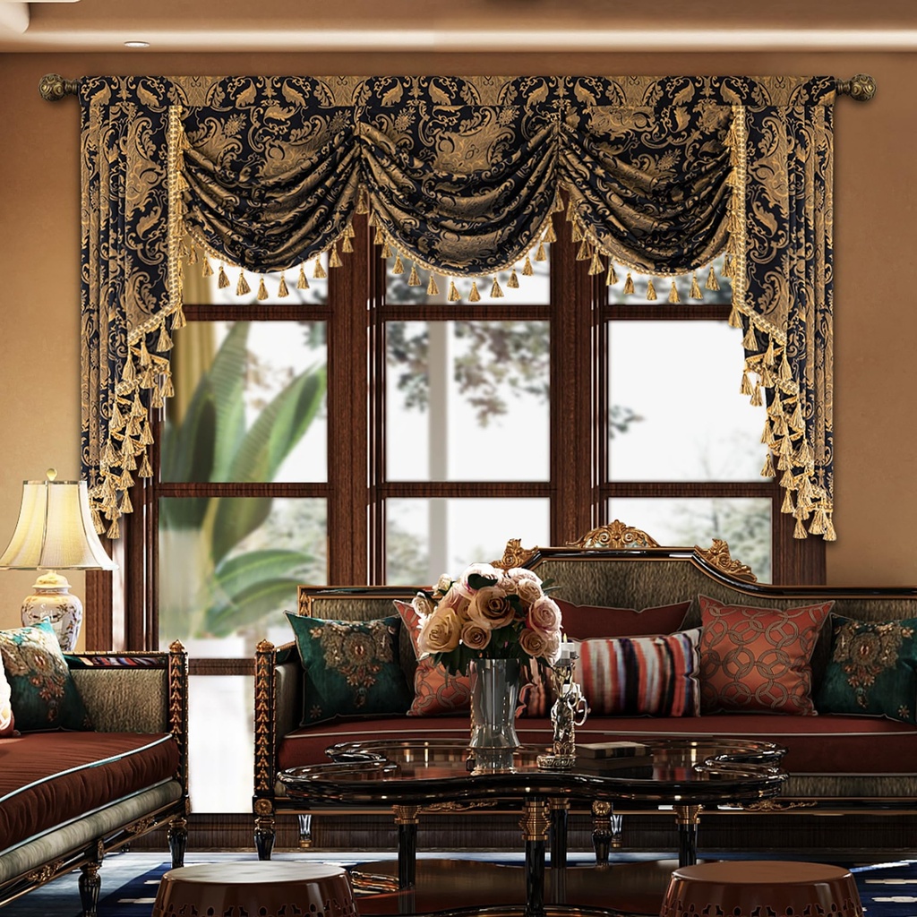 TOPLUXE Swag Valance for Windows, Damask Waterfall Valance with Tassels, Short Curtain for