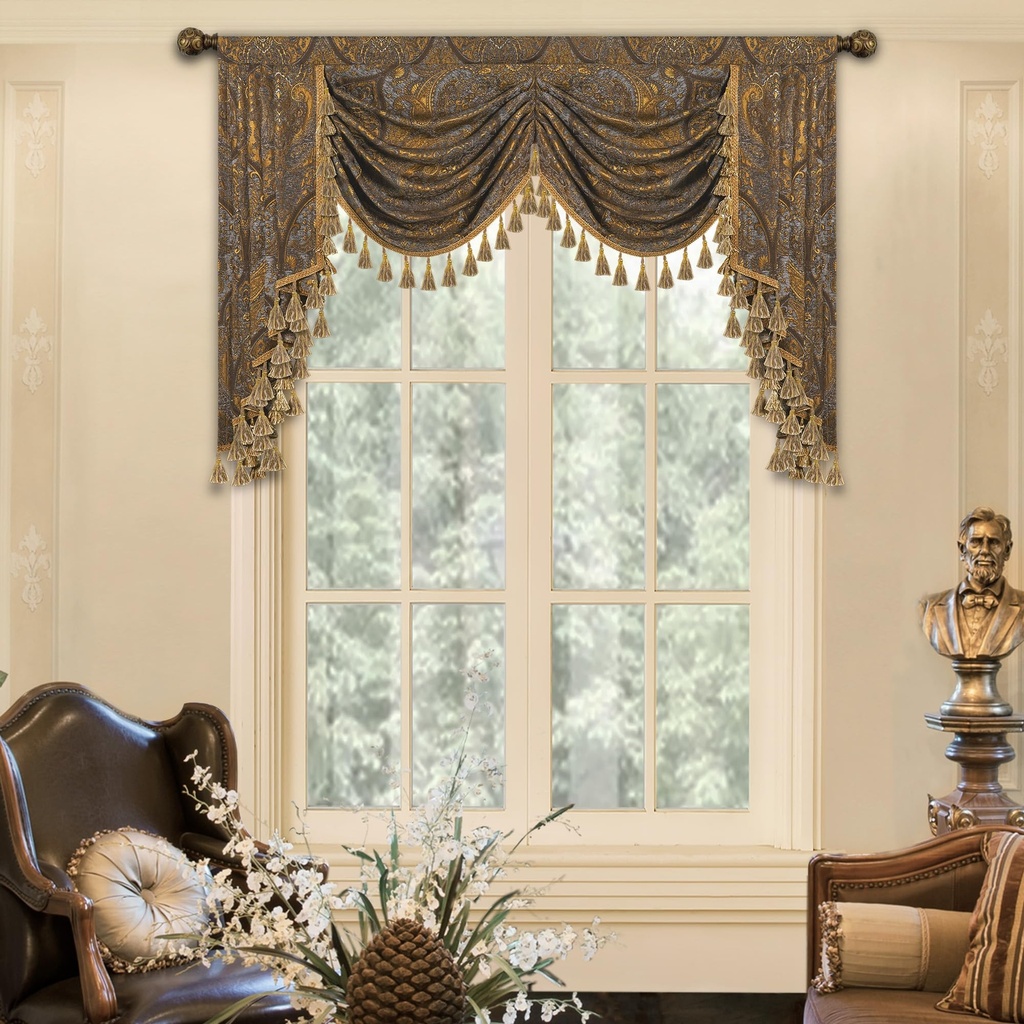 TOPLUXE Swag Valance for Windows, Damask Waterfall Valance with Tassels, Short Curtain for