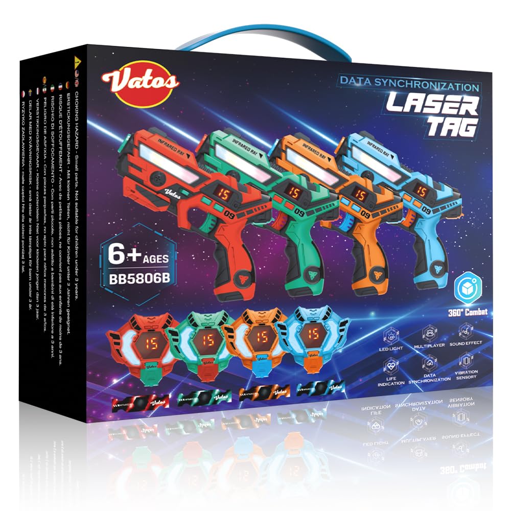 VATOS Laser Tag 360Ã‚Â°Sensors Set of 4 players, 2.4GHz Rechargeable Infrared Real-time Dat