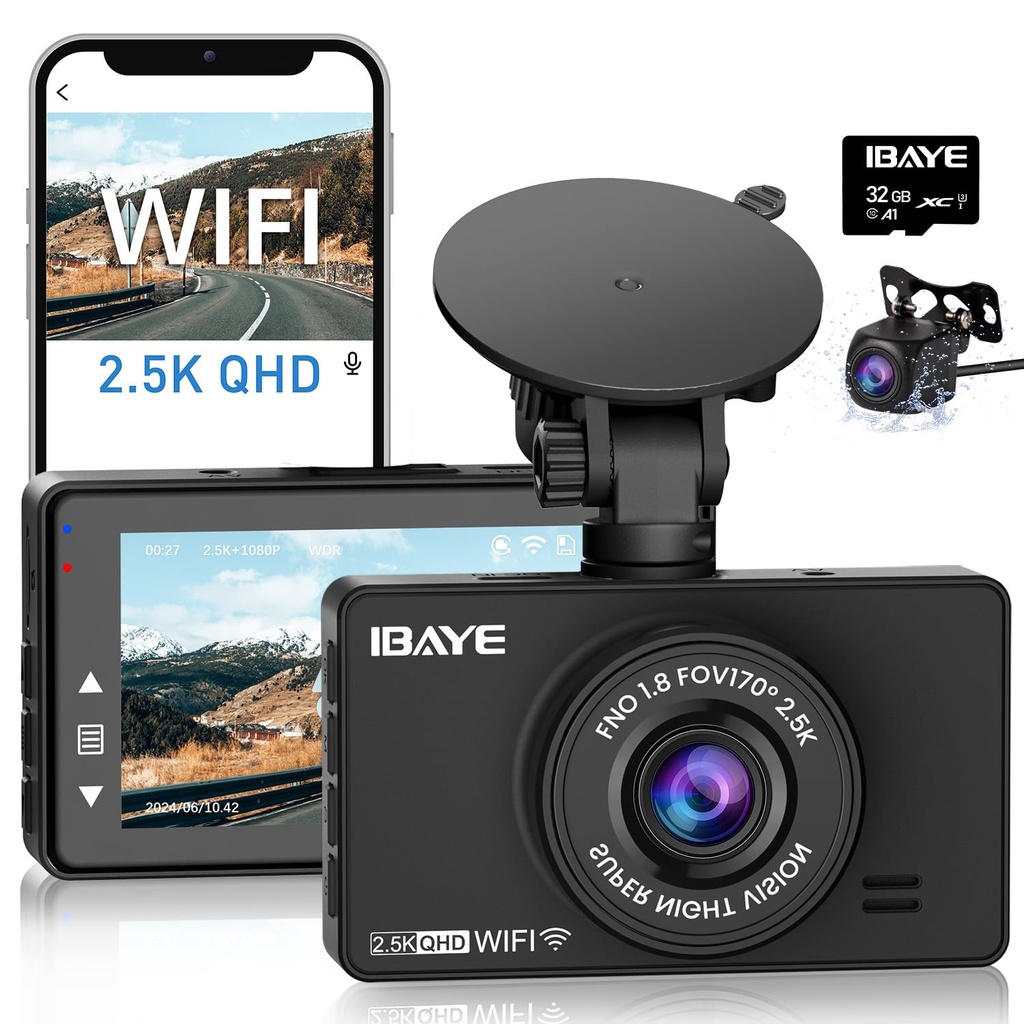 IBAYE Dashcam, Dash Cam Front and Rear Camera 2.5K QHD, Car Camera Dash Cam with Free 32GB S