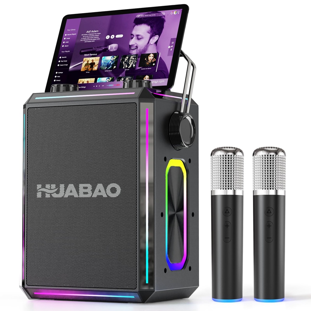 Portable Bluetooth Karaoke Speaker with 2 Wireless Microphones, RGB Lights, Treble & Bass Adjustment