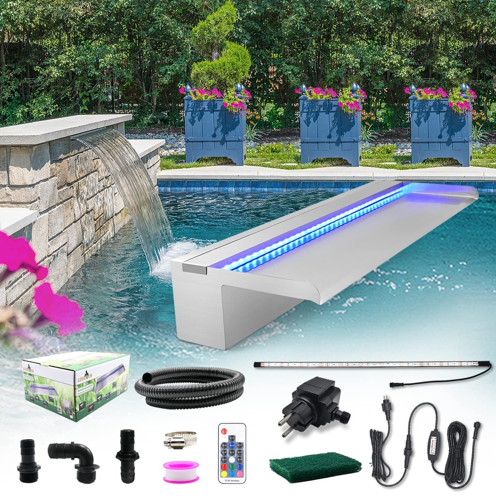 Longrun Pond Waterfall Cascade, Stainless Steel Waterfall Blade 60cm, Waterfall Spillway with 7 Colours LED Light