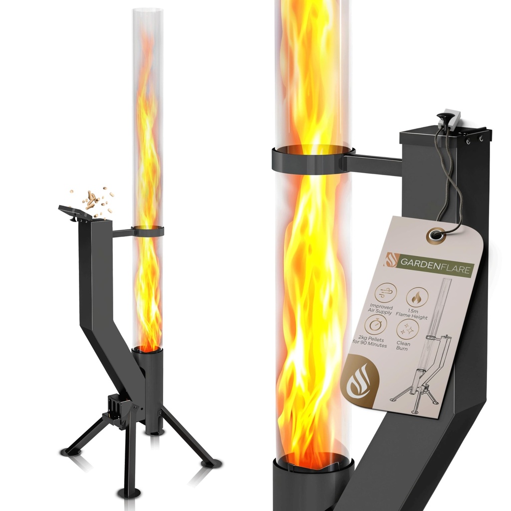 GARDENFLARE Premium Fire Pit - Large Stainless Steel Pellet Fireplace with Flame up to 1.5m
