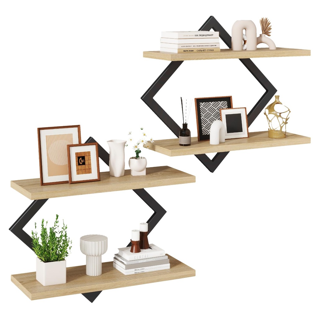 IBUYKE Floating Shelves,15 Inch Wall Shelf Set of 2,Wall Mounted Shelves,2 Tier Hanging Dec
