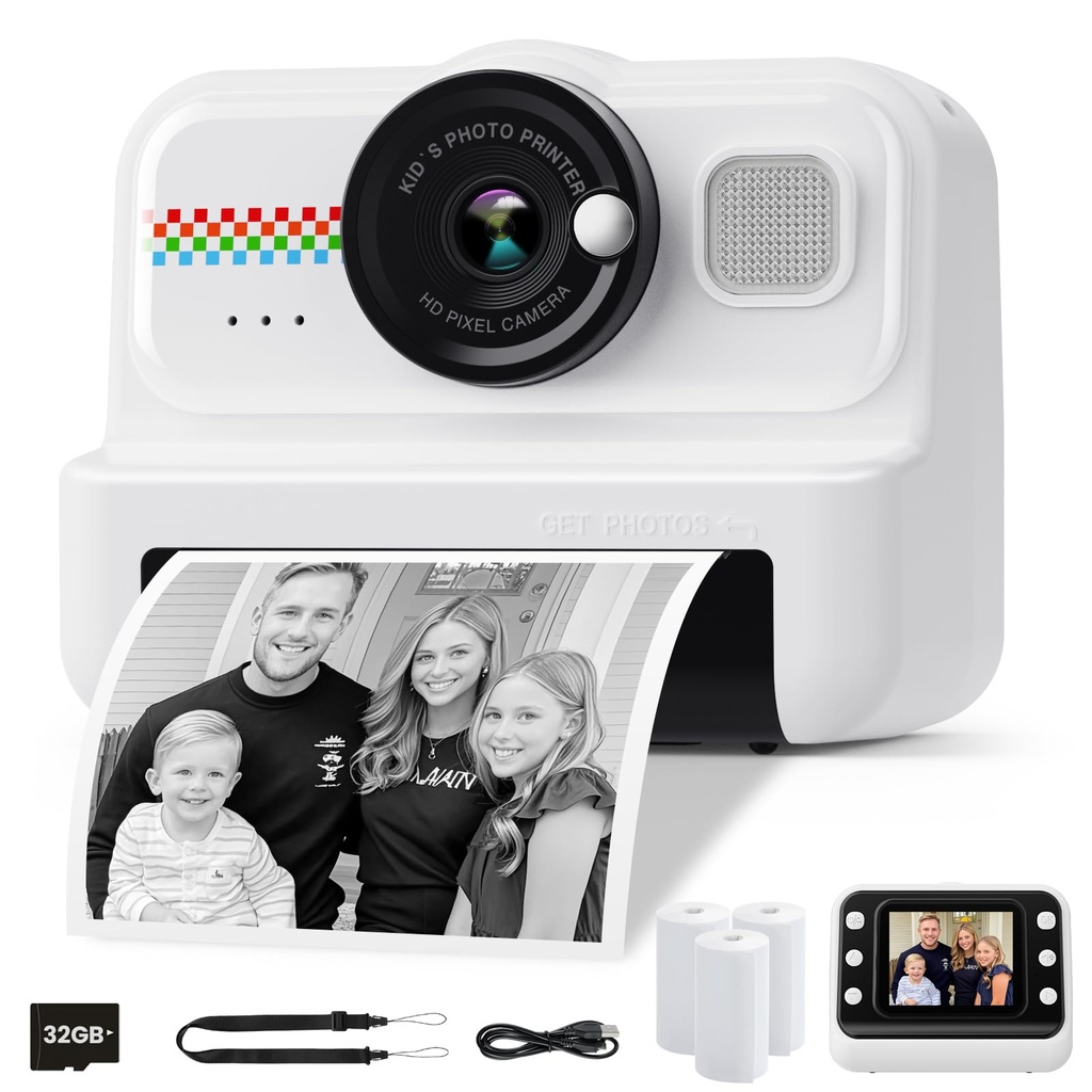 HiMont Kids Camera Instant Print, 1080P Instant Print Camera for Kids with 32GB Card & 3 Ro