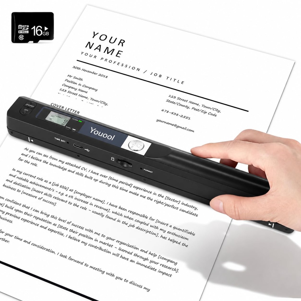 Youool Handheld Document Scanner, A4 900 DPI High Resolution Color Photo Portable Scanner